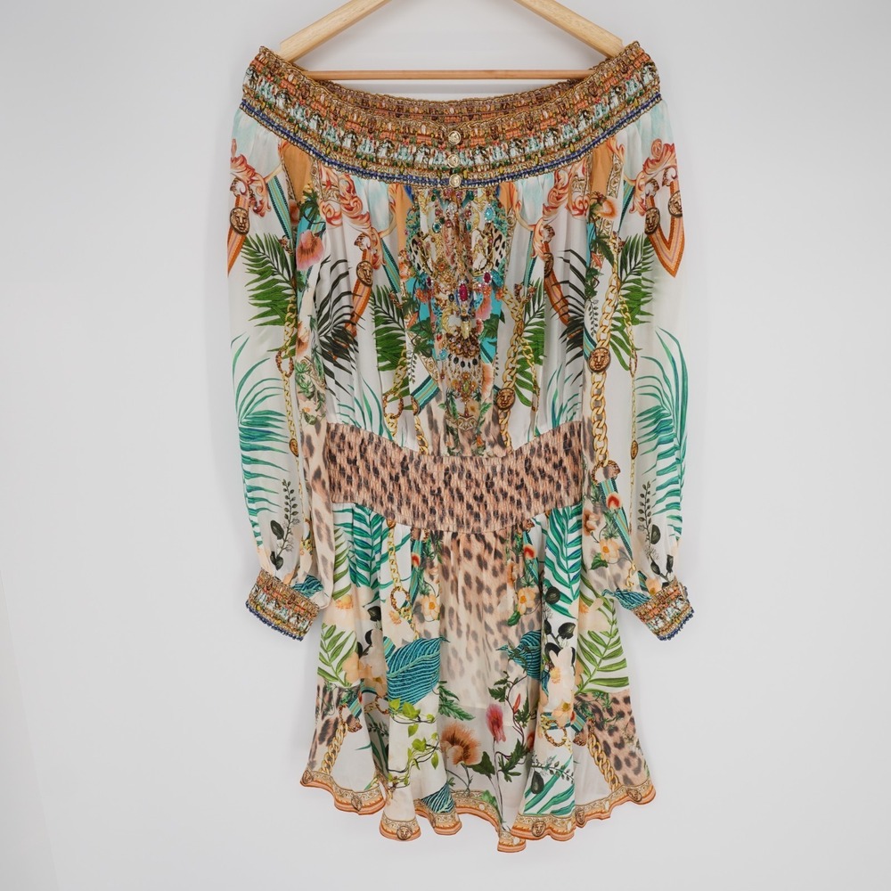 Camilla Silk Off Shoulder Embellished Mini Dress Animal Tropical Sz M Resort - Picture 16 of 16